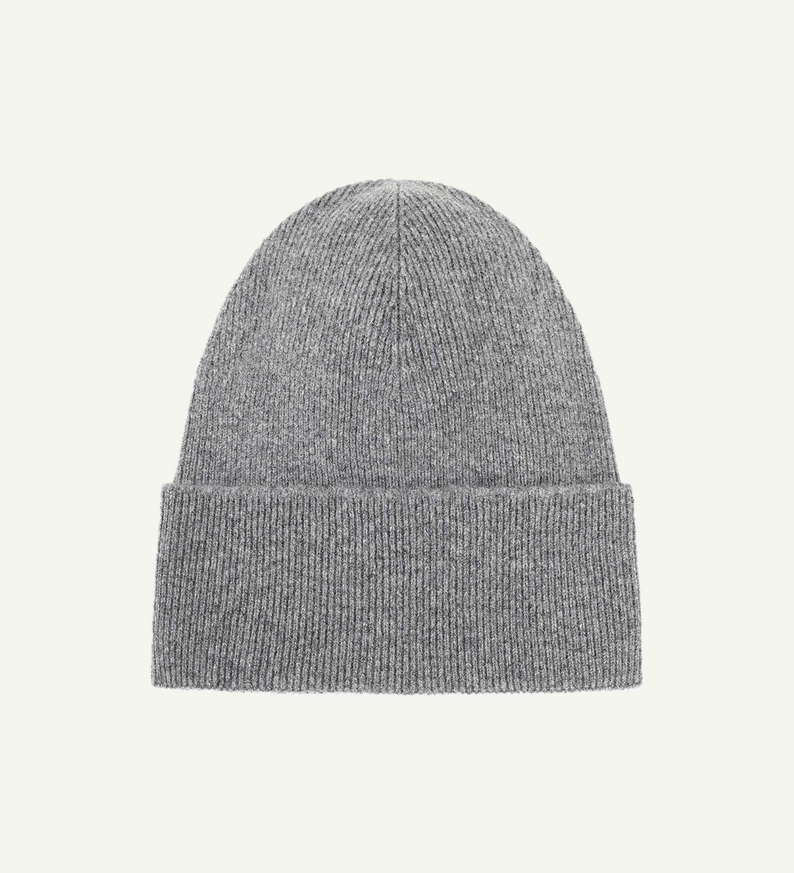 Flat view of Uskees 4004 grey wool hat, showing a clear view of the adjustable cuff and the ribbed texture of this light grey hat.