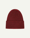 Flat view of Uskees 4004 red lambswool hat, with clear view of adjustable cuff.