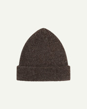 Flat view of Uskees 4005 undyed 'bran' soft brown coloured wool hat, with clear view of adjustable cuff.