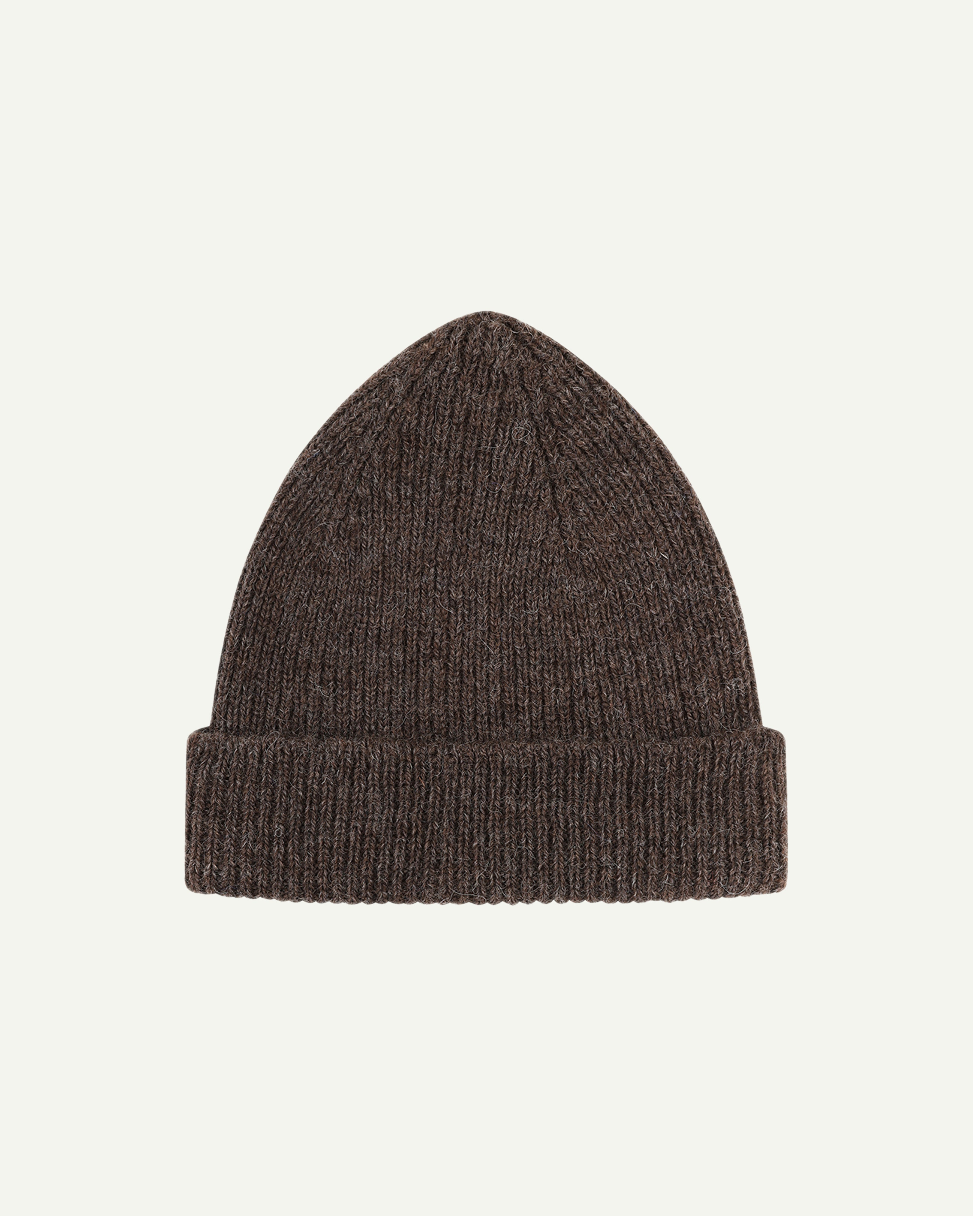 Flat view of Uskees 4005 undyed 'bran' soft brown coloured wool hat, with clear view of adjustable cuff.