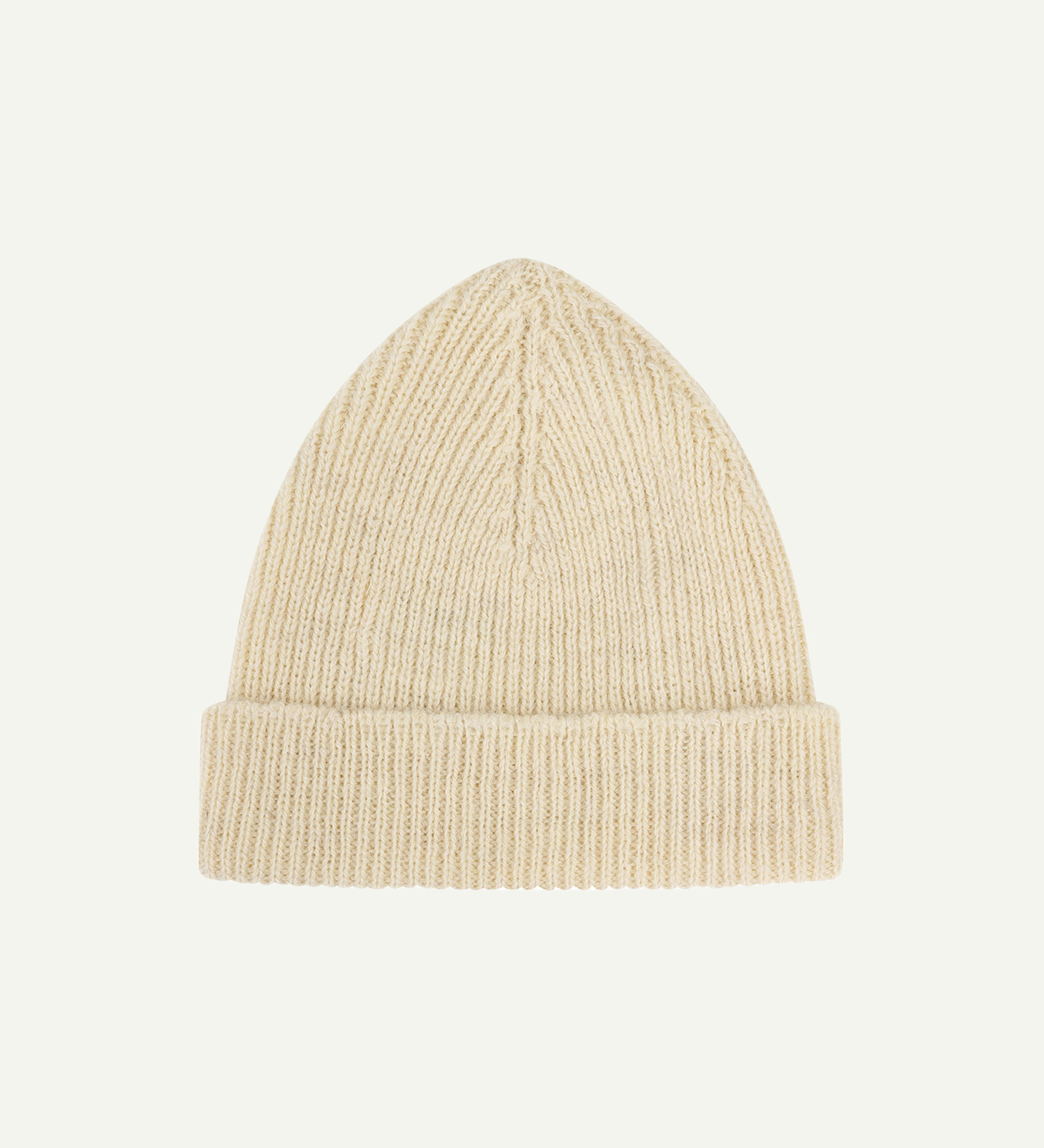 Flat view of Uskees 4005 undyed 'light oat' pale beige coloured wool hat, with clear view of adjustable cuff.