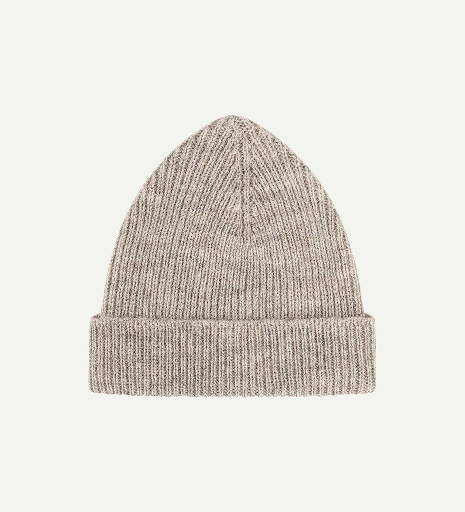 Flat view of Uskees 4005 undyed 'oat' soft beige coloured wool hat, with clear view of adjustable cuff.