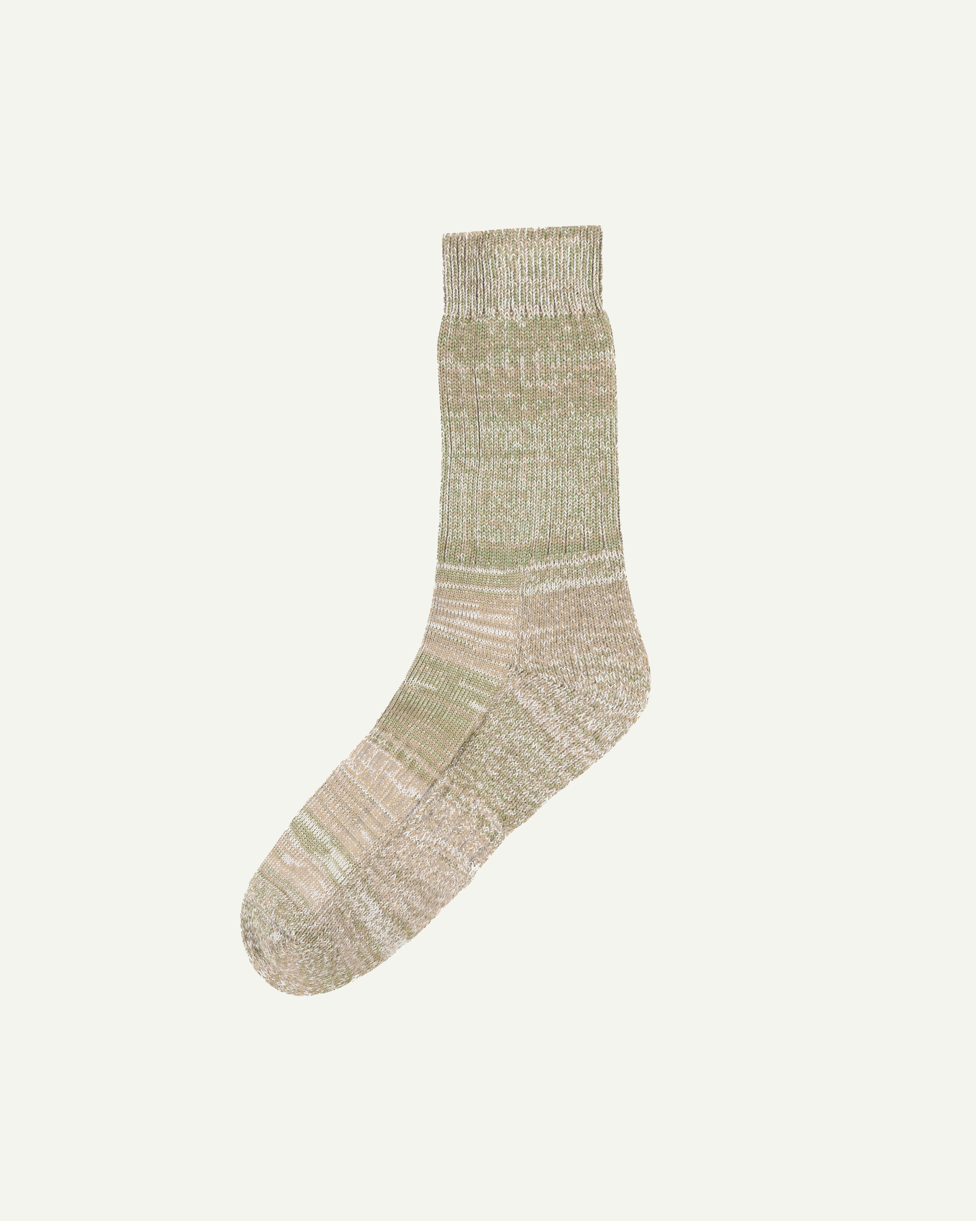 Flat view of Uskees #4006 organic cotton socks in khaki