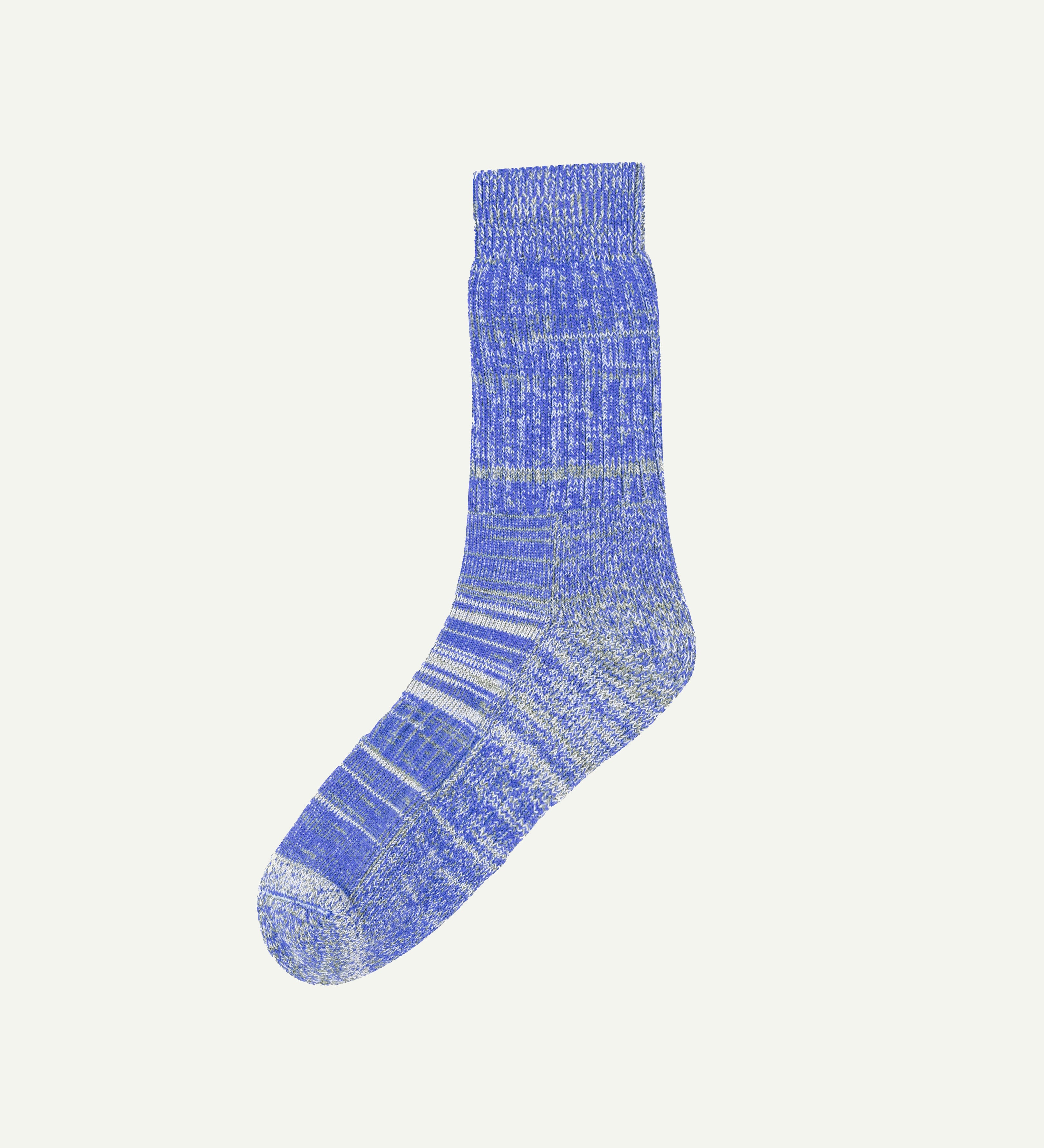 Flat view of Uskees #4006 organic cotton socks in ultra blue, showing subtle bands of blue, white and  yellow