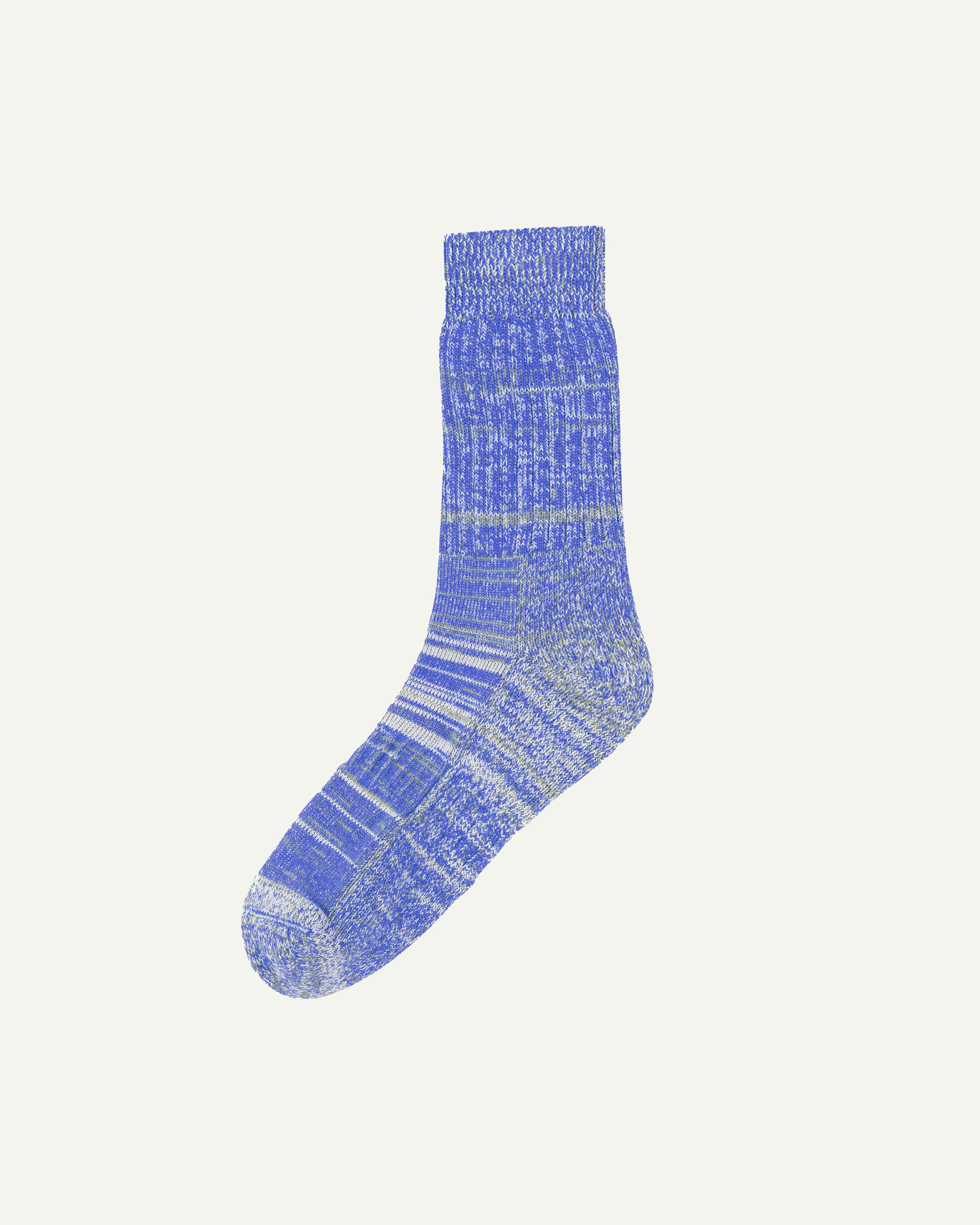Flat view of Uskees #4006 organic cotton socks in ultra blue, showing subtle bands of blue, white and  yellow