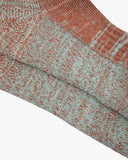 Closer view of the foot and heel portion of the Uskees 4006 alpine brown organic cotton sock, showing bands of orange, mint and white.