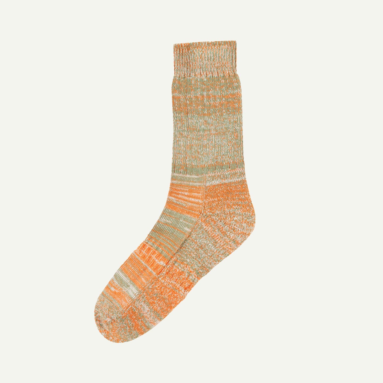 Flat view of Uskees 4006 army green mix organic cotton sock, showing bands of orange, army green and beige.