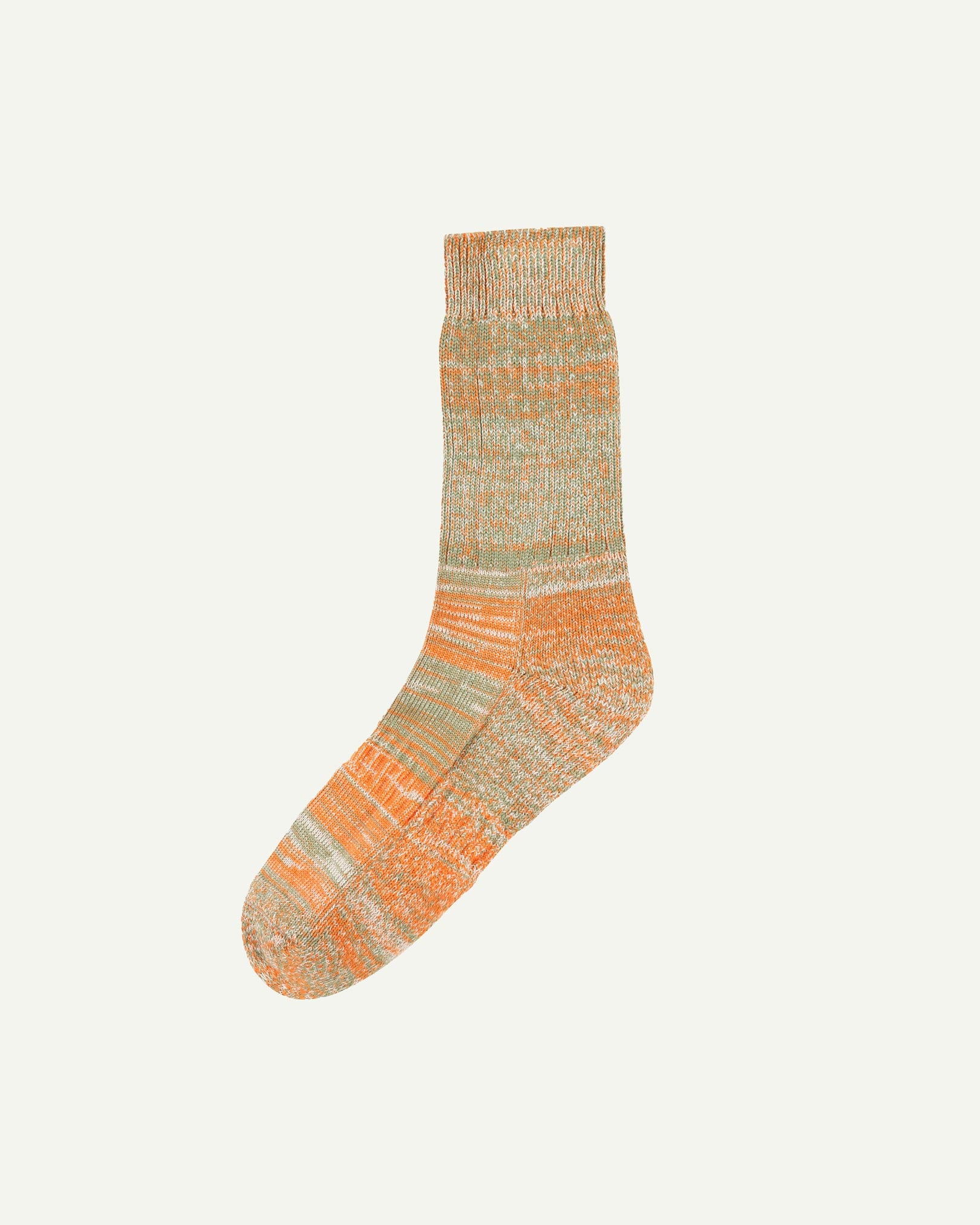 Flat view of Uskees 4006 army green mix organic cotton sock, showing bands of orange, army green and beige.