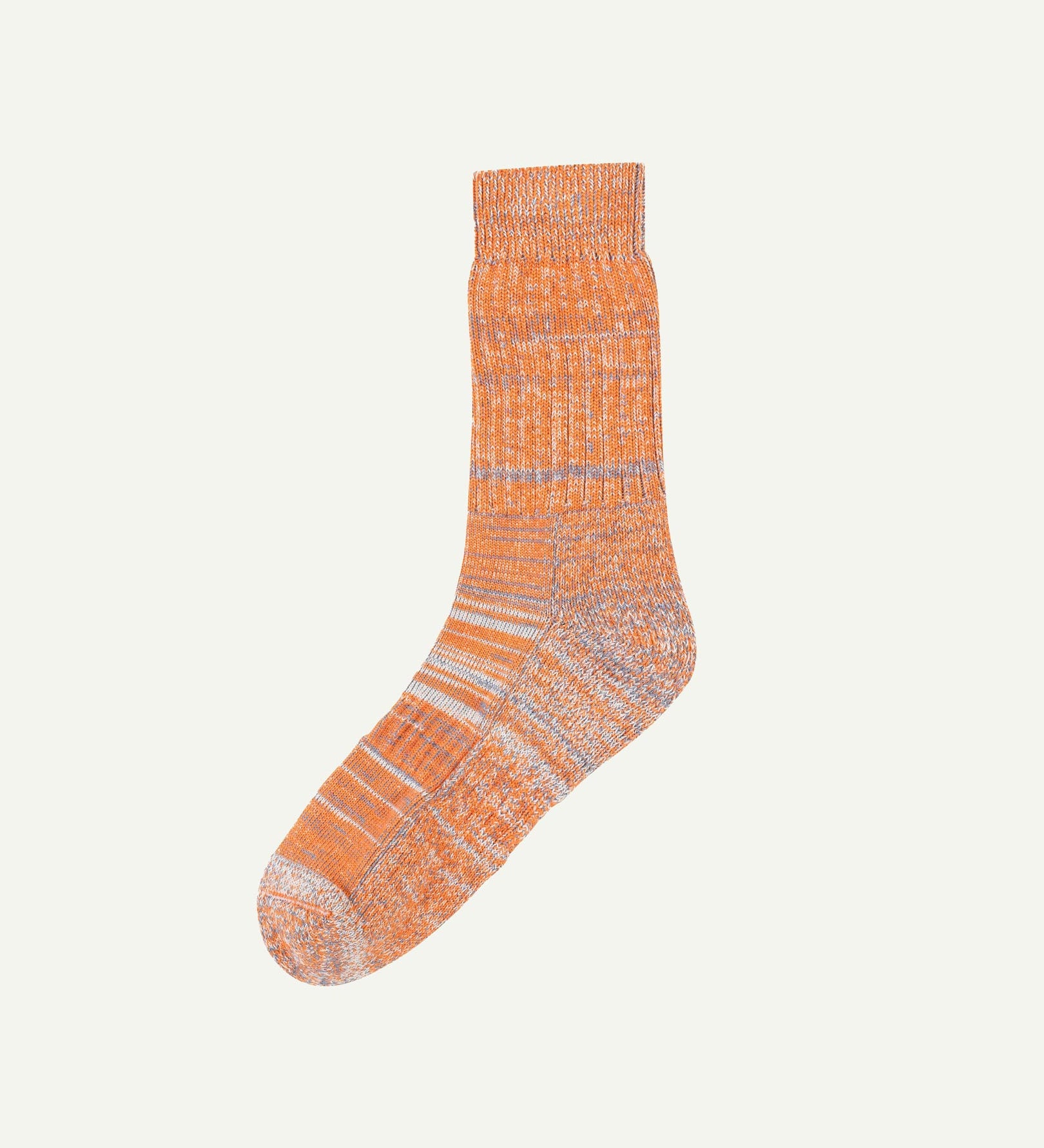 Flat view of Uskees 4006 gold mix organic cotton sock, showing bands of gold-orange, navy and beige.