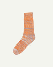 Flat view of Uskees 4006 gold mix organic cotton sock, showing bands of gold-orange, navy and beige.