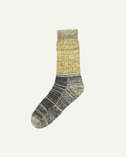 Flat view of Uskees 4006 grapefruit mix organic cotton sock, showing bands of grapefruit-yellow, black and beige.