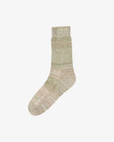 Flat view of Uskees 4006 highland sand organic cotton sock, showing bands of pale green, beige and white.