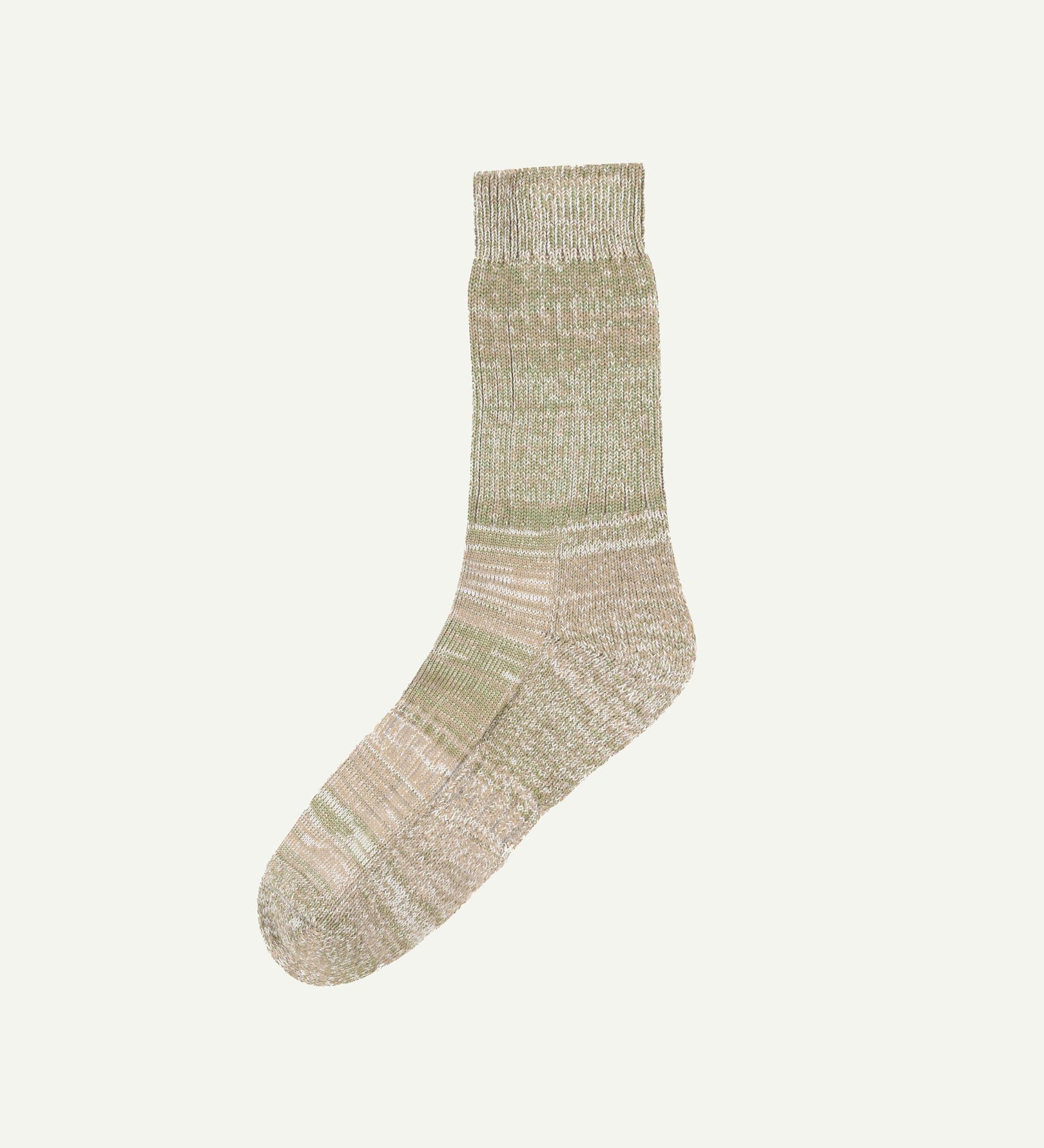 Flat view of Uskees 4006 khaki mix organic cotton sock, showing bands of khaki-green, black and beige.