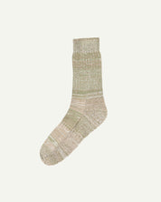 Flat view of Uskees 4006 khaki mix organic cotton sock, showing bands of khaki-green, black and beige.