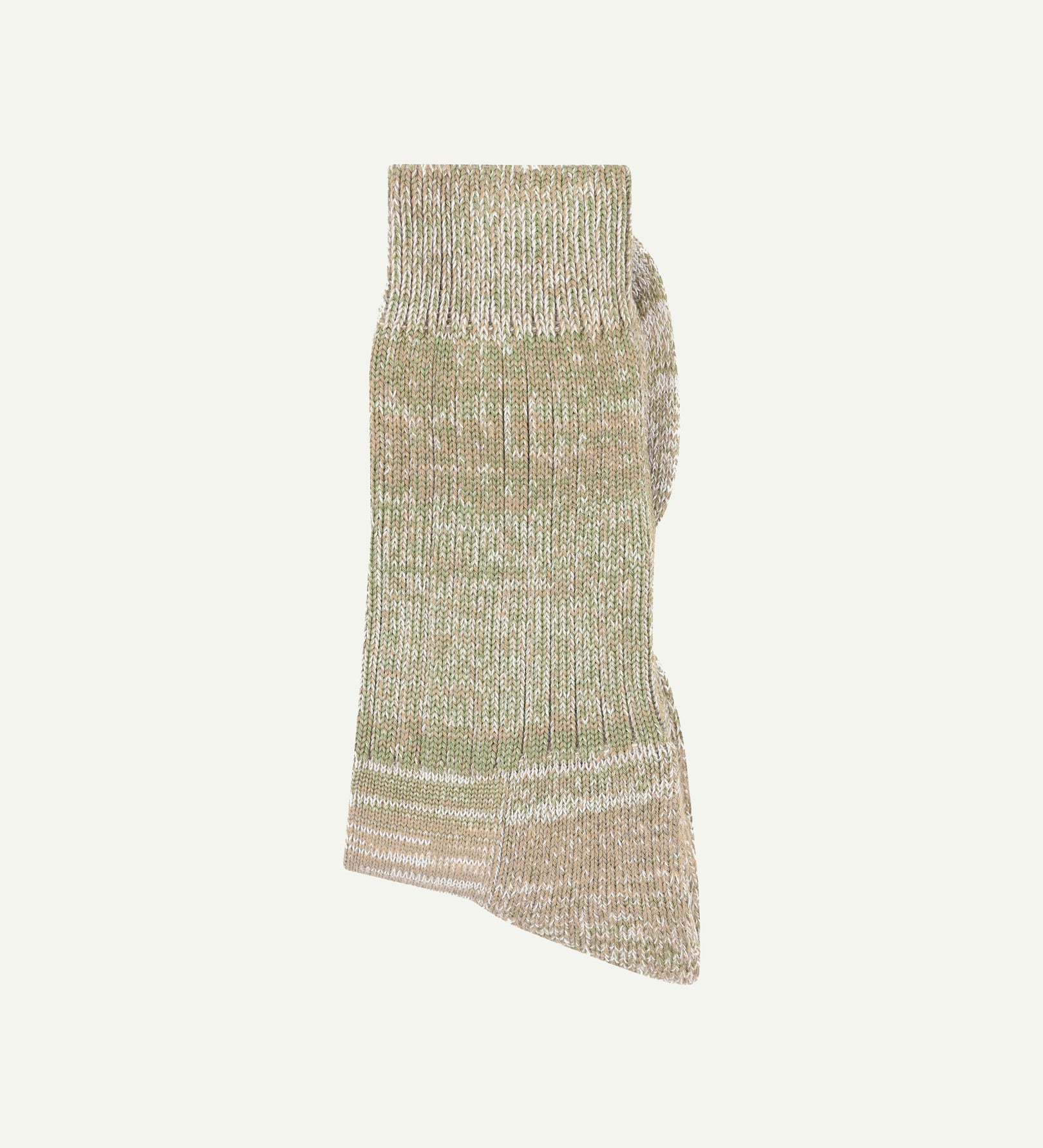 Folded Uskees 4006 khaki mix organic cotton sock, showing random parallel knitting pattern.