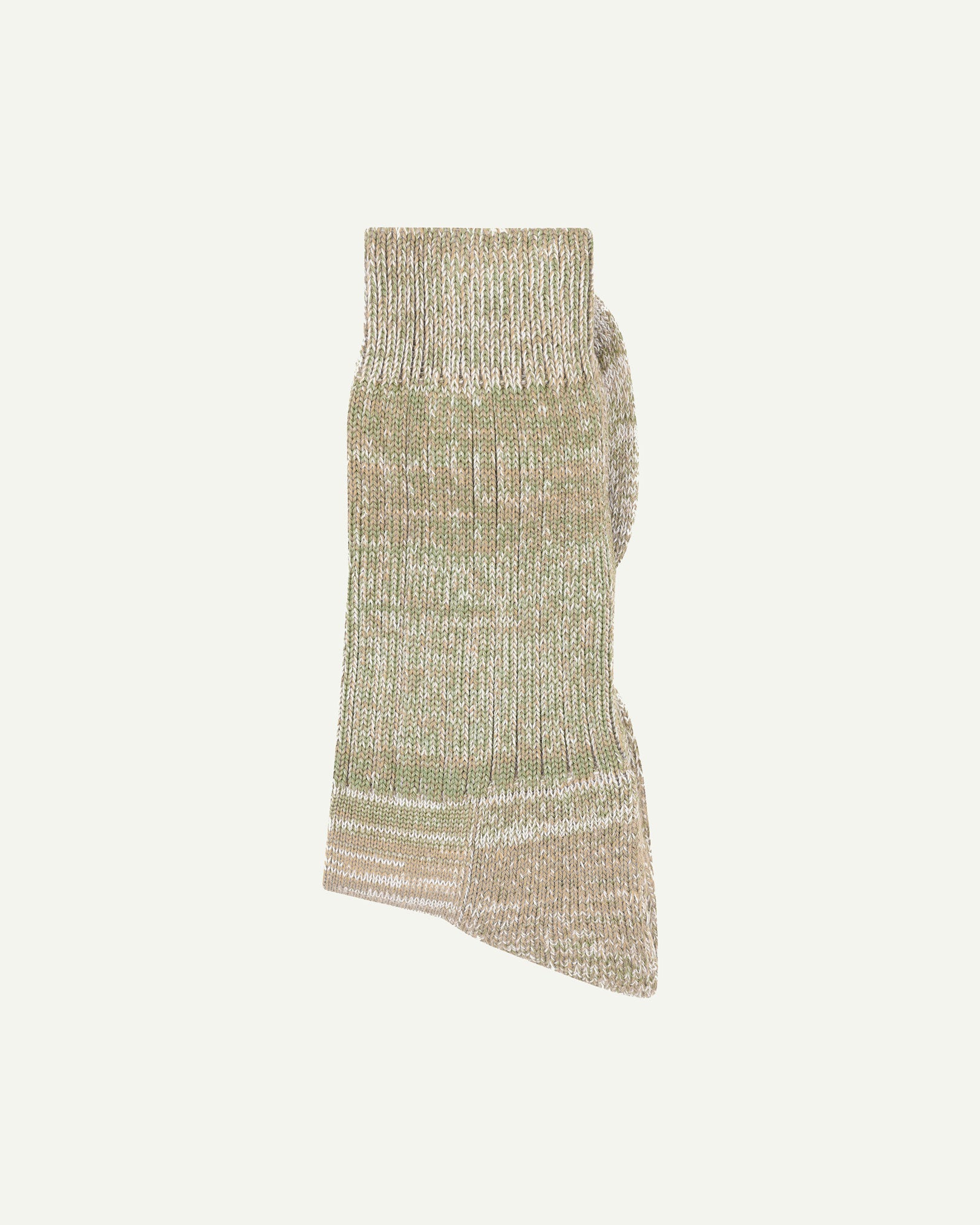 Folded Uskees 4006 khaki mix organic cotton sock, showing random parallel knitting pattern.