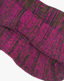 Closer view of the foot and heel portion of the Uskees 4006 magenta sunset organic cotton sock, showing bands of magenta, brown and black.