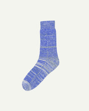 Flat view of Uskees 4006 organic cotton socks in ultra blue, showing subtle bands of blue, white and black