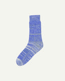 Flat view of Uskees 4006 organic cotton socks in ultra blue, showing subtle bands of blue, white and black