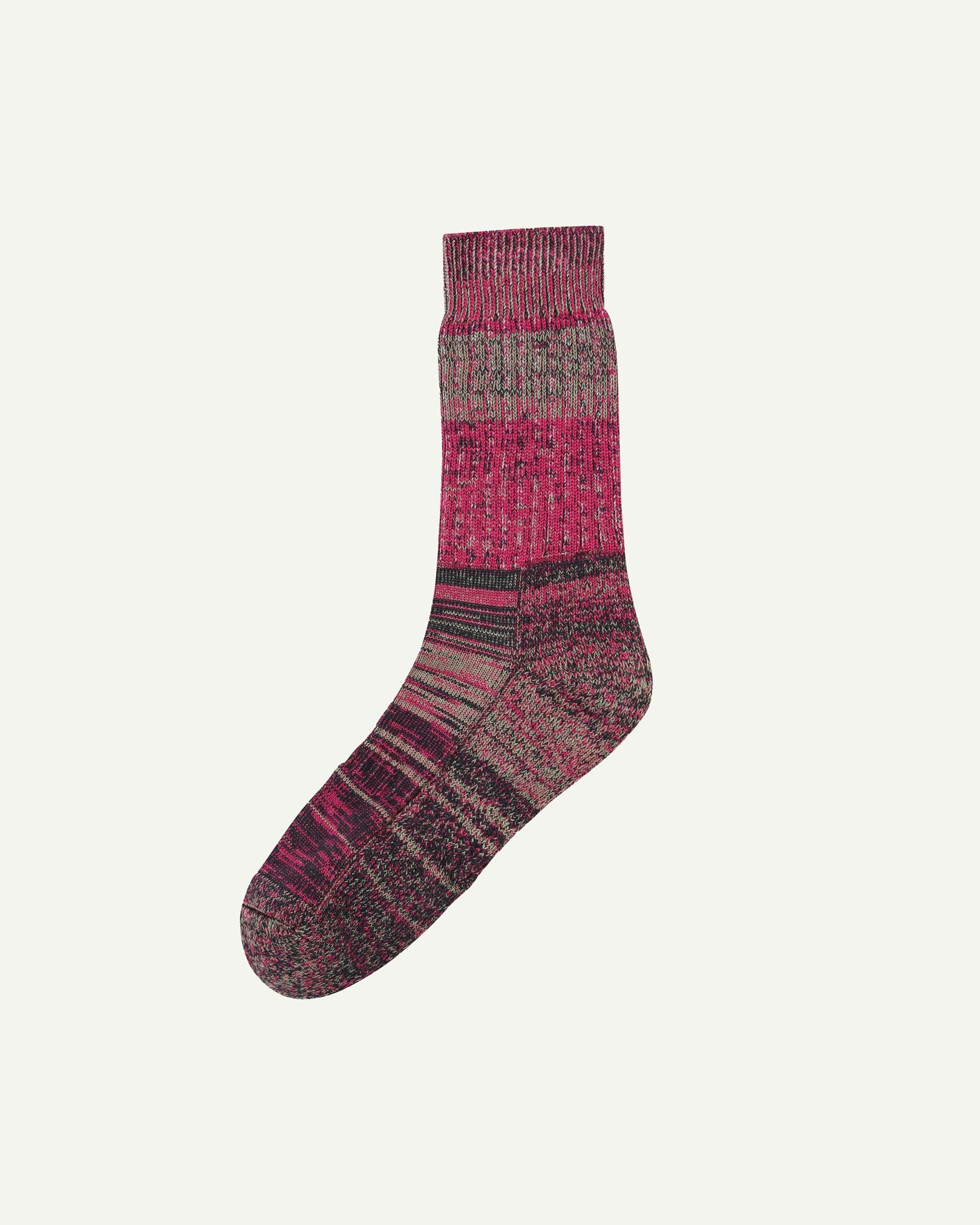 Flat view of Uskees 4006 violet mix organic cotton sock, showing bands of red, brown and beige.