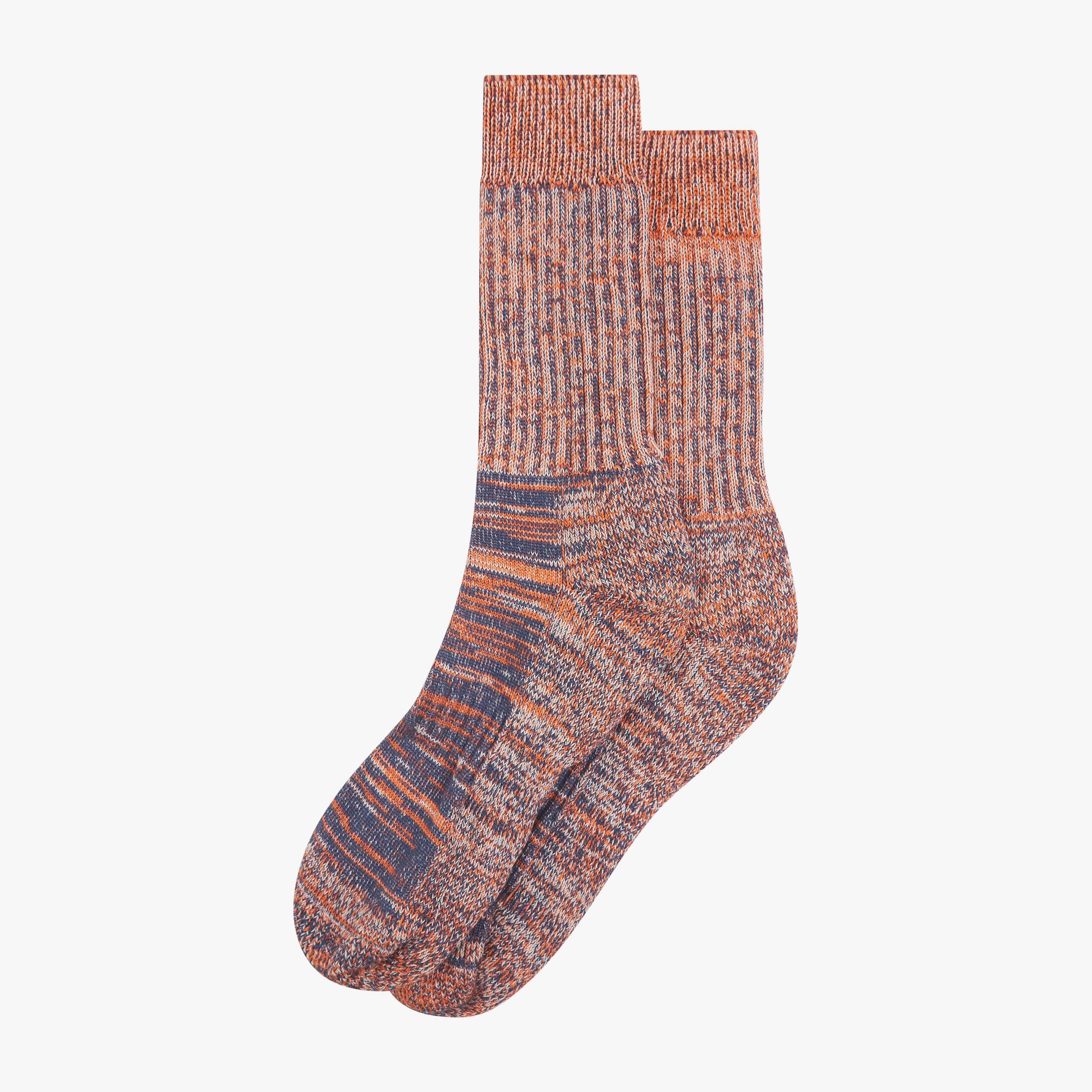 Pair of Uskees Men's socks in orange stripe pattern on a white background