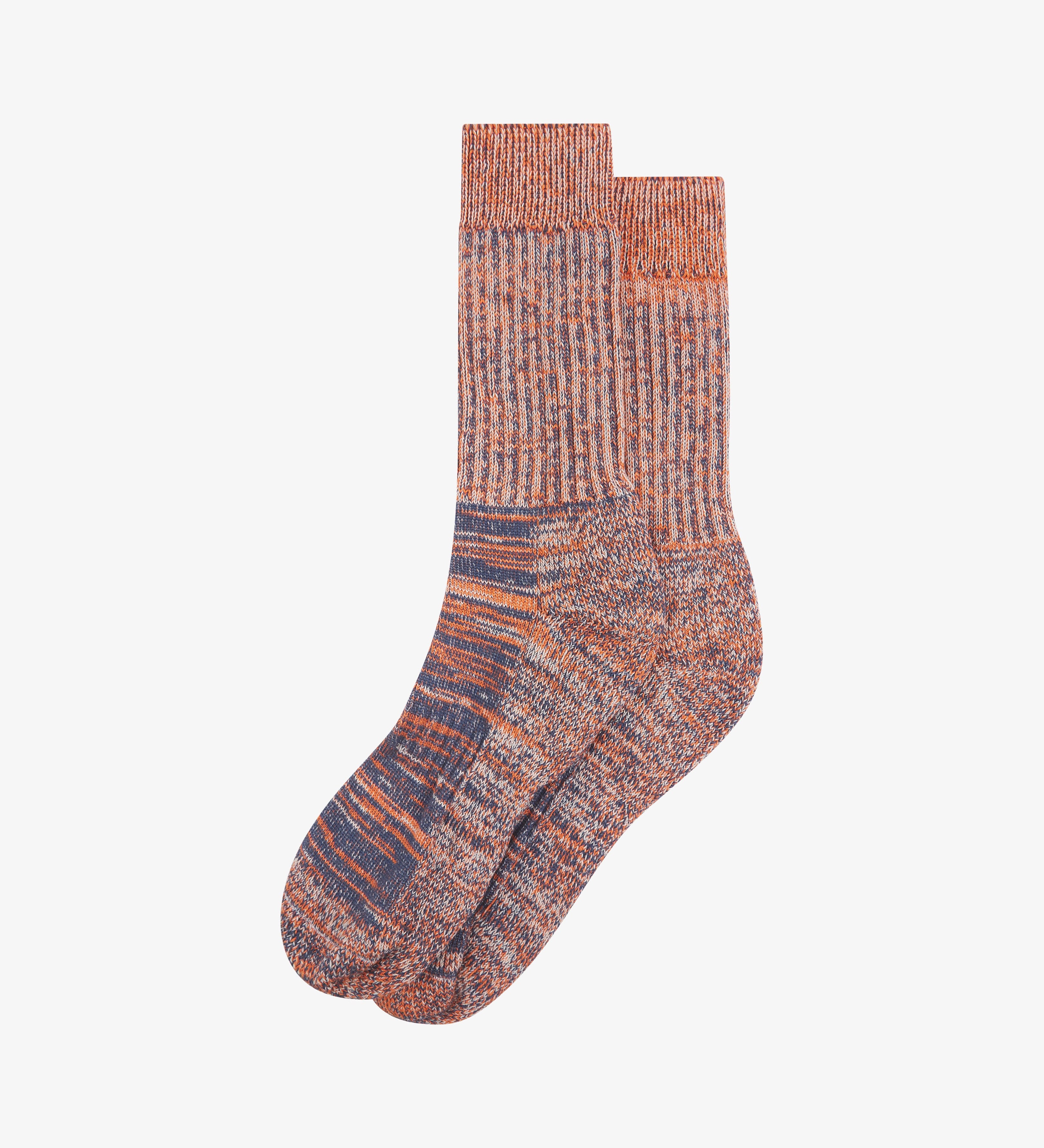 Pair of Uskees Men's socks in orange stripe pattern on a white background
