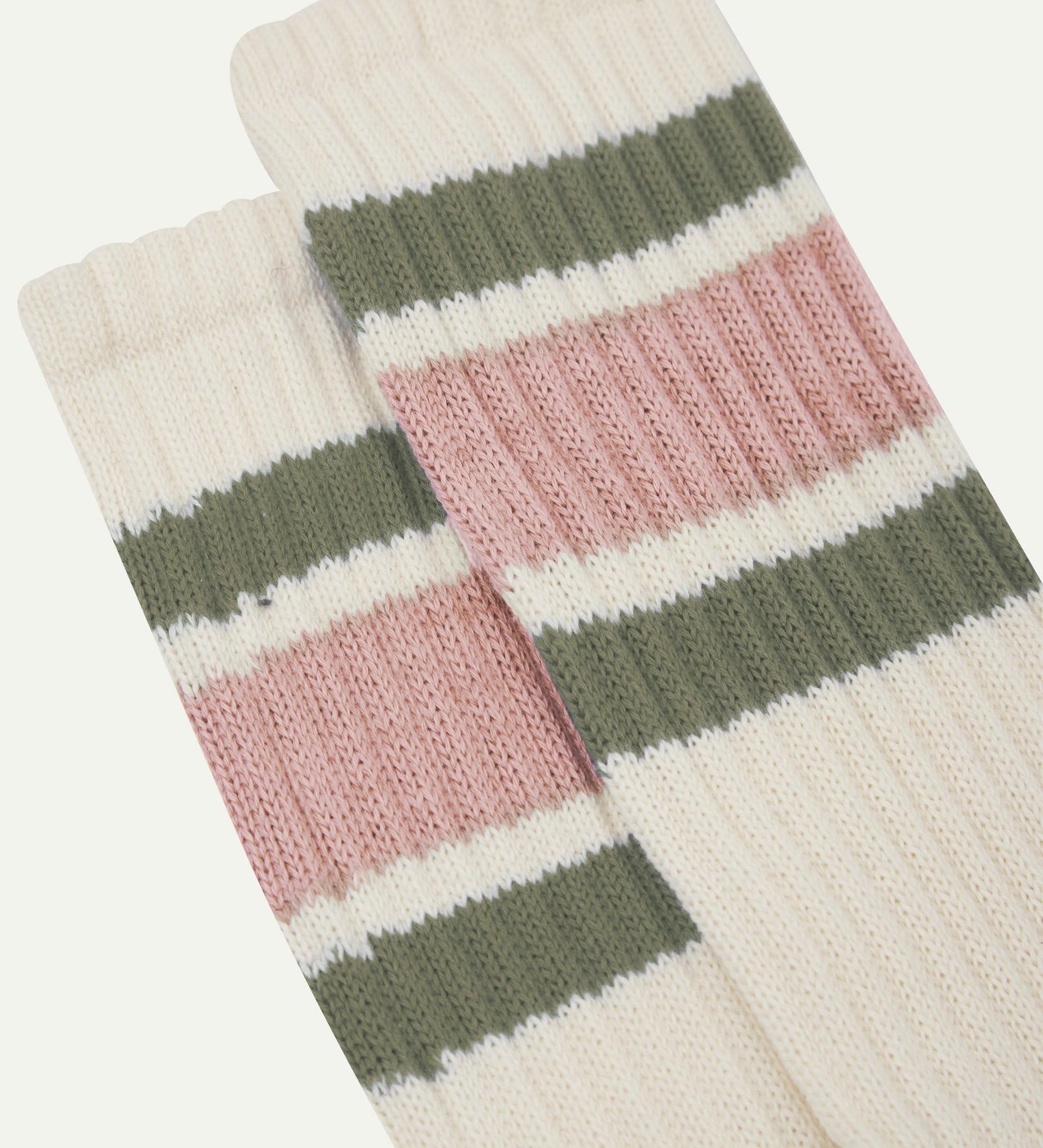 Closer view of the upper leg of a pair of Uskees 4011 socks, showing the 'college stripes' comprising of two olive green and one thicker dusty pink band.