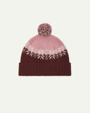 Front view of Uskees 4012 'dusty pink' lambswool snowflake hat, with a clear view of the pink, burgundy and white colourway, snowflake motif and bobble.