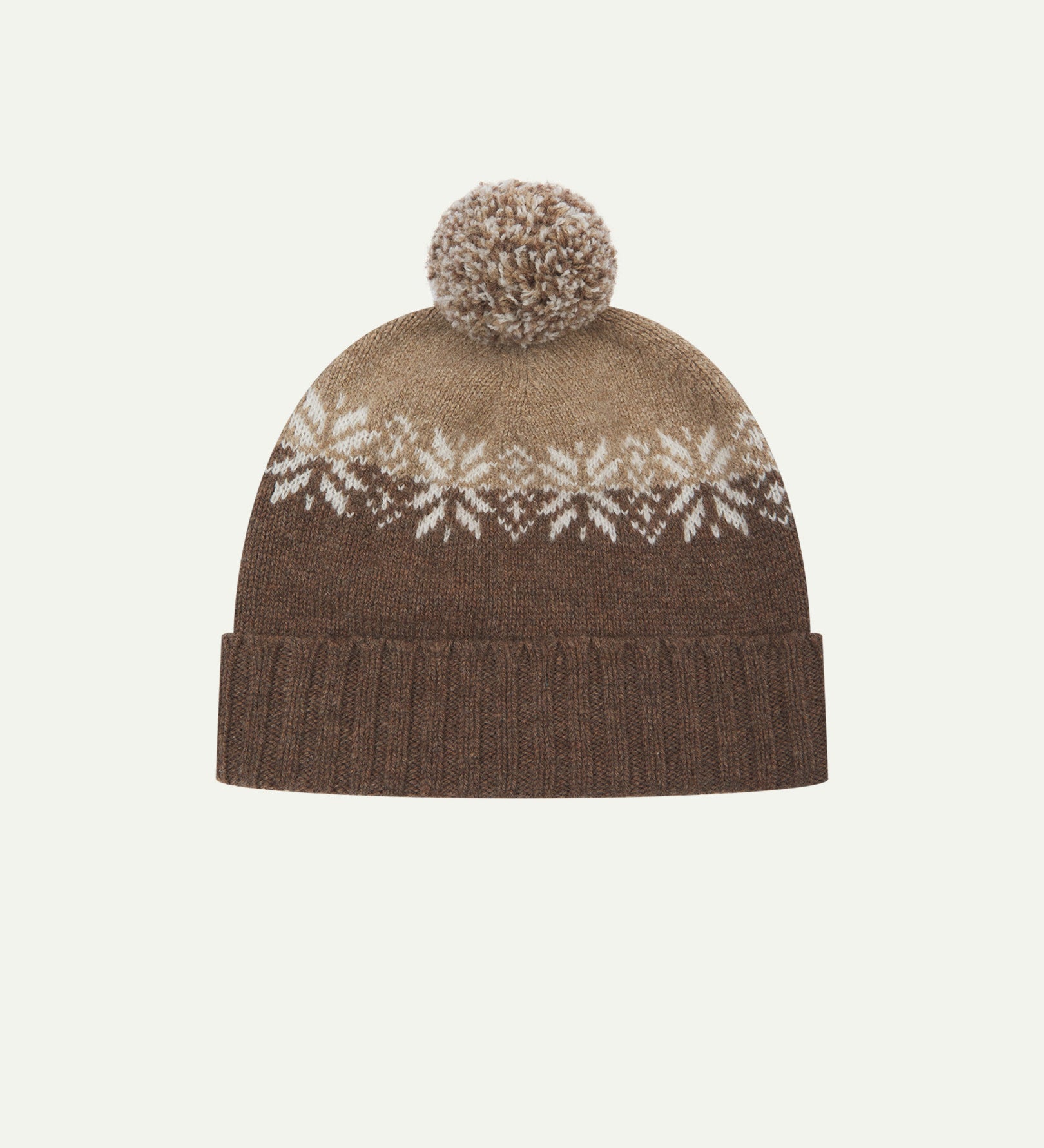 Front view of Uskees 4012 'khaki' lambswool snowflake hat, with a clear view of the khaki, brown and white colourway, snowflake motif and bobble.