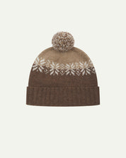 Front view of Uskees 4012 'khaki' lambswool snowflake hat, with a clear view of the khaki, brown and white colourway, snowflake motif and bobble.