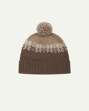 Front view of Uskees 4012 'khaki' lambswool snowflake hat, with a clear view of the khaki, brown and white colourway, snowflake motif and bobble.