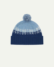 Front view of Uskees 4012 'ultra blue' lambswool snowflake hat, with a clear view of the ultra blue, powder blue and white colourway, snowflake motif and bobble.