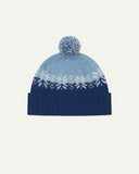 Front view of Uskees 4012 'ultra blue' lambswool snowflake hat, with a clear view of the ultra blue, powder blue and white colourway, snowflake motif and bobble.