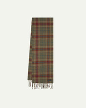 Uskees tartan lambswool scarf presented on a flat white background folded in half showing the green and red pattern and tassels.