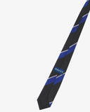 Close-up reverse view of recycled polyester repp tie, showing tricolour stripes and Uskees branding label.