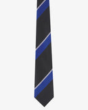 Close-up view of recycled polyester repp tie, showing white and royal blue stripes against a black background.
