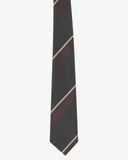 Close-up view of recycled polyester repp tie, showing cream and brown stripes against a charcoal background.