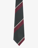 Close-up view of recycled polyester repp tie, showing cream and maroon stripes against a coriander-green background.