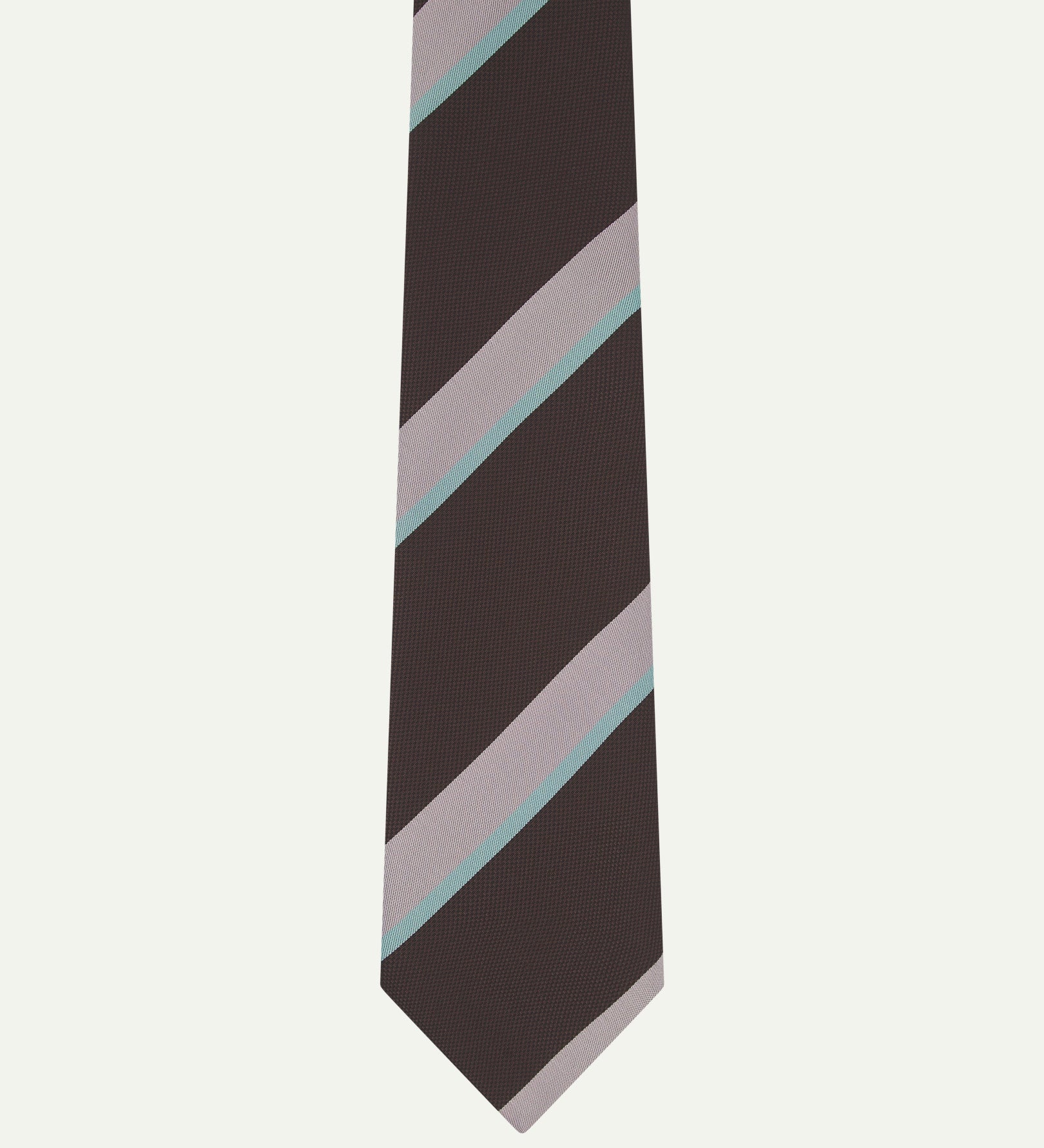 Close-up view of recycled polyester repp tie, showing narrow pale cyan and pink stripes against a dark plum background.