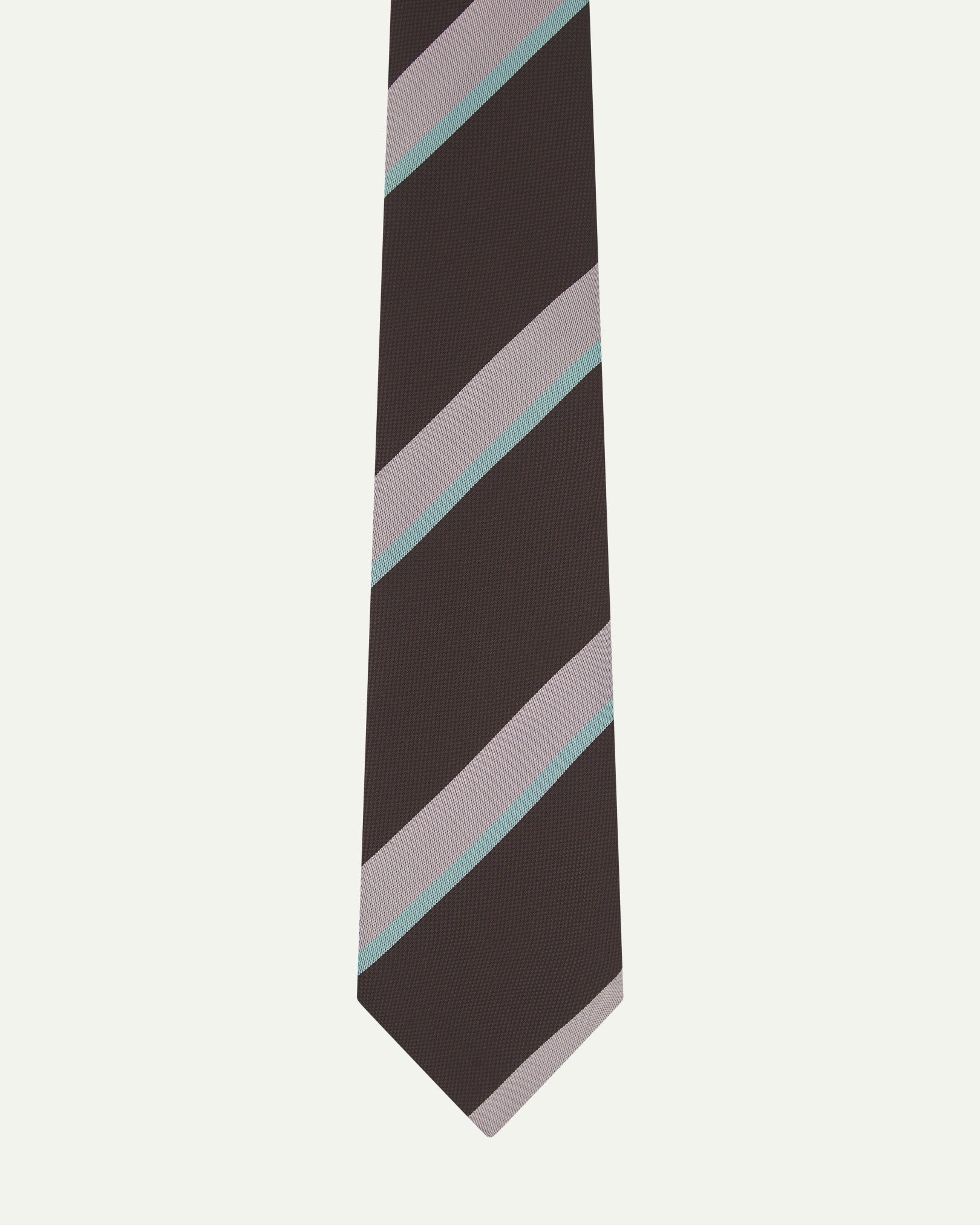 Close-up view of recycled polyester repp tie, showing narrow pale cyan and pink stripes against a dark plum background.