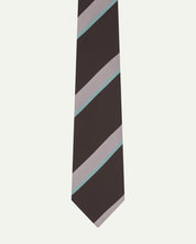 Close-up view of recycled polyester repp tie, showing narrow pale cyan and pink stripes against a dark plum background.