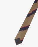Close-up reverse view of recycled polyester repp tie, showing tricolour stripes and black lining.