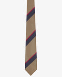 Close-up view of recycled polyester repp tie, showing navy and red stripes against a khaki background.