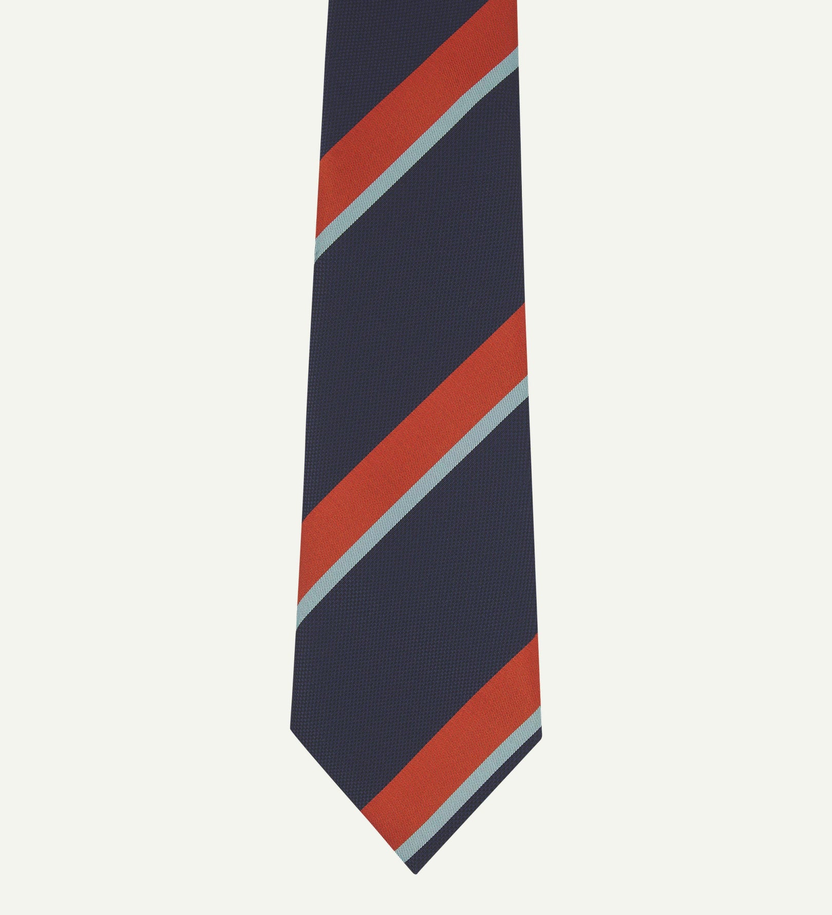 Close-up view of recycled polyester repp tie, showing narrow pale cyan and red stripes against a midnight blue background.