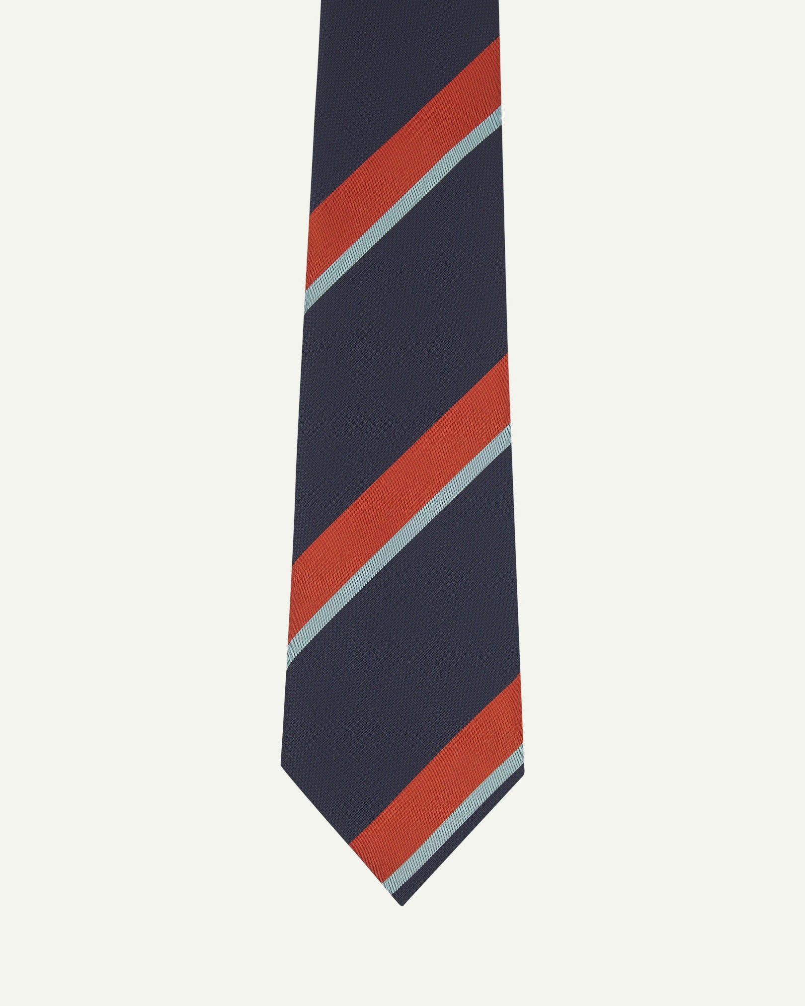 Close-up view of recycled polyester repp tie, showing narrow pale cyan and red stripes against a midnight blue background.