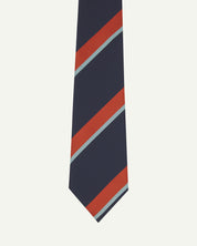 Close-up view of recycled polyester repp tie, showing narrow pale cyan and red stripes against a midnight blue background.