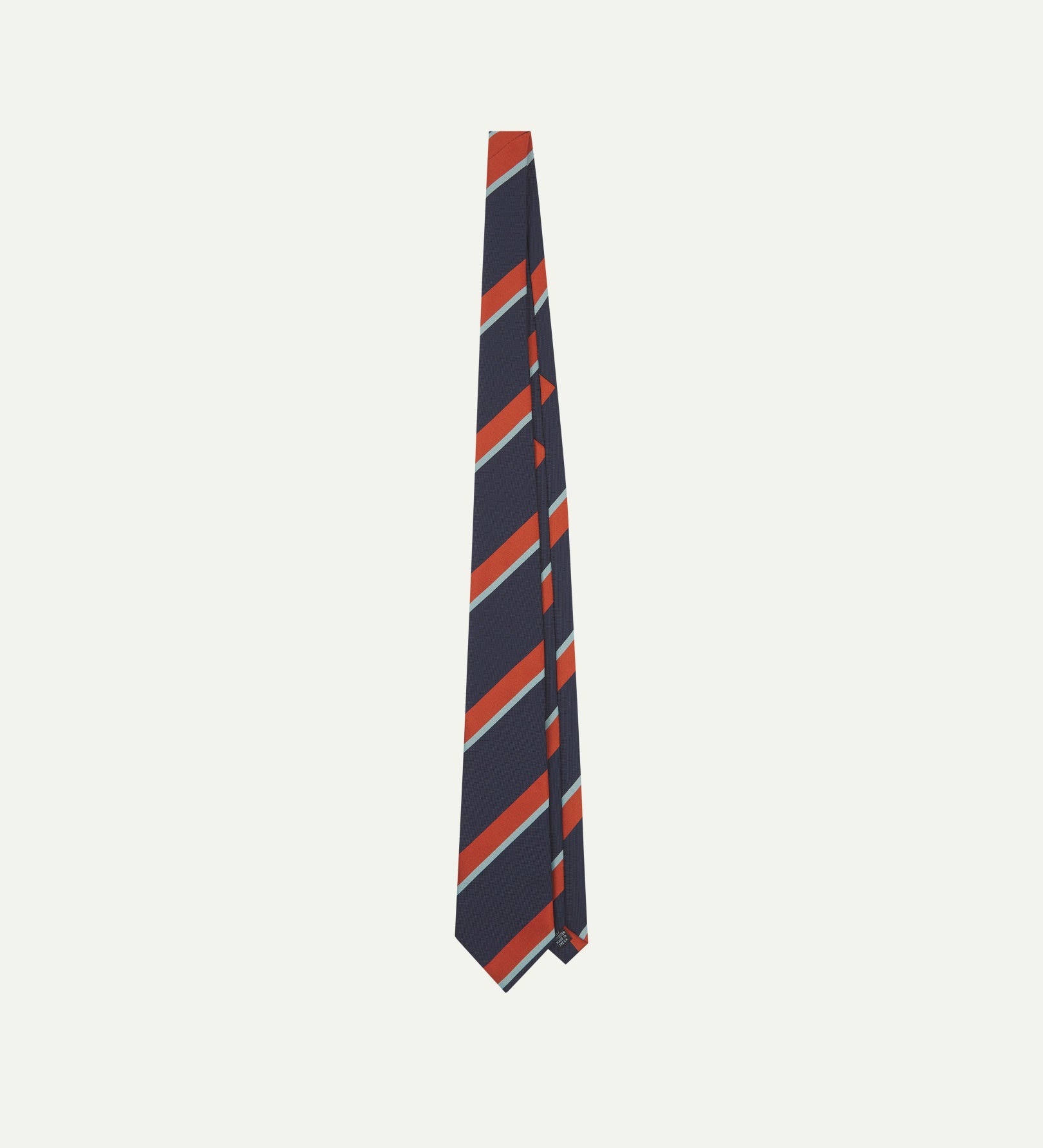 Full-length view of English-made recycled polyester repp tie in midnight blue from Uskees.