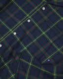 Uskees suburban blue/green plaid pajama top showing the buttons, cuff and check pattern.