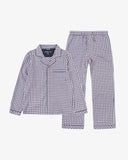 Uskees suburban navy/berry plaid pajama set for men with top and pants.