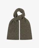 Donegal Merino wool scarf in speckled army green, arranged in a knotted loop.